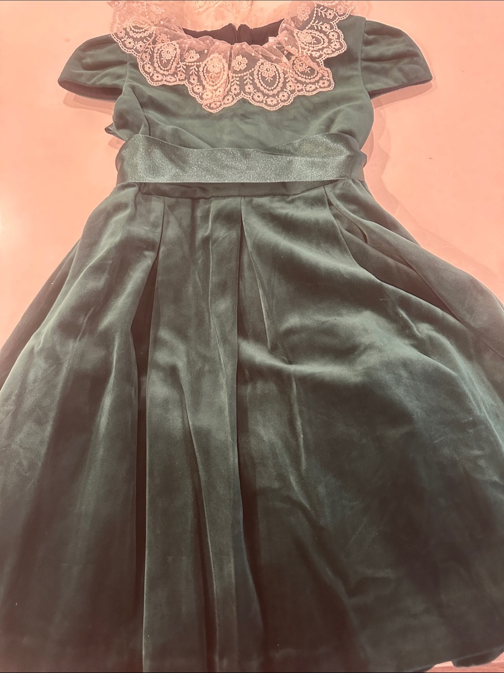 Luli & Me Green Velvet Dress with Lace Collar